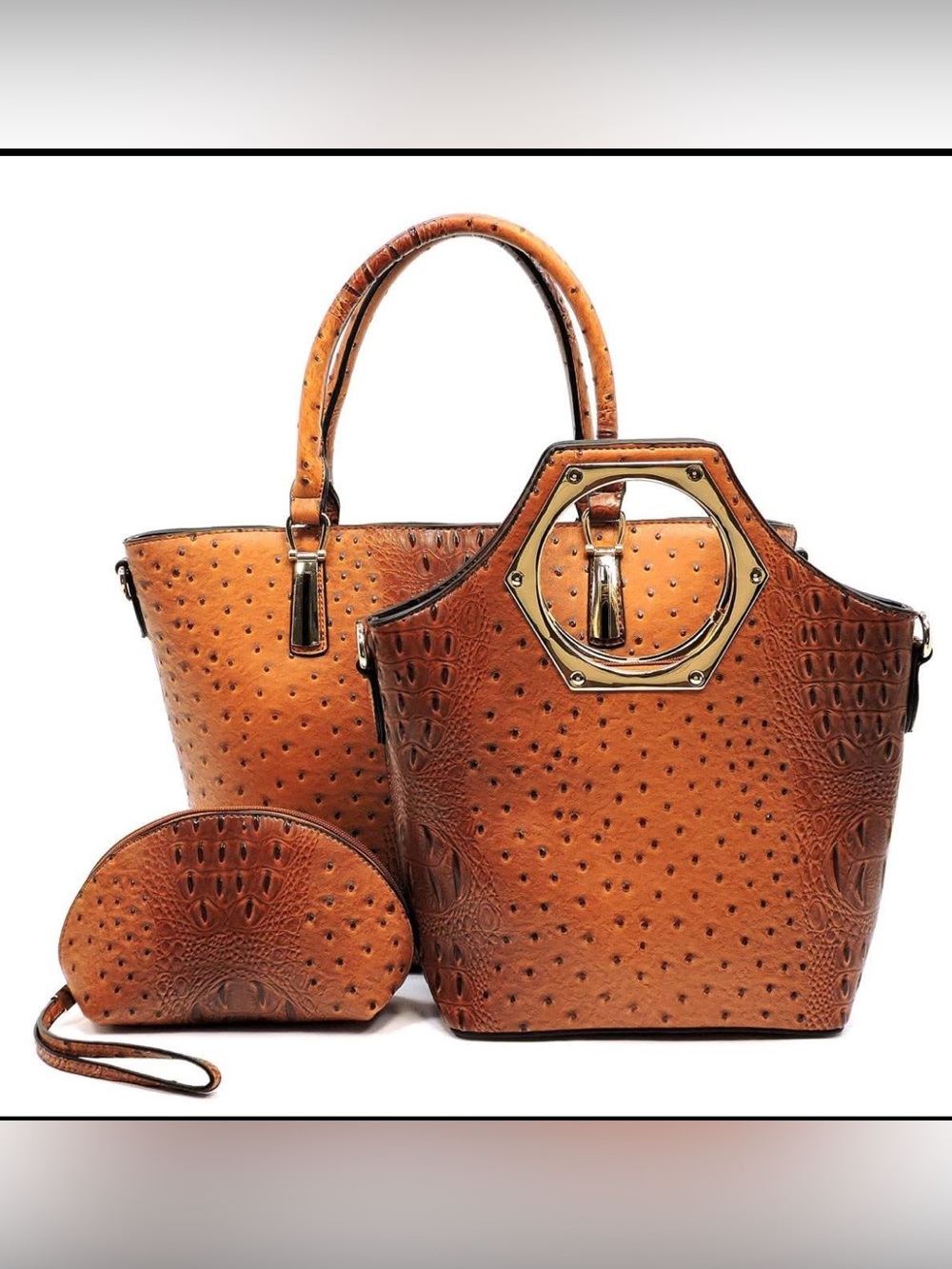 Women’s Faux Ostrich Tote and Satchel Handbag Set